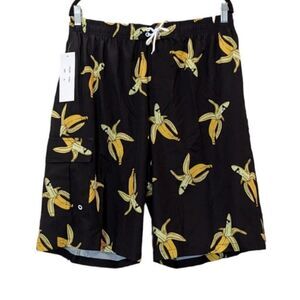 Rejork Mens Size XL Black Banana Print Elastic Waist Swimwear Board Shorts